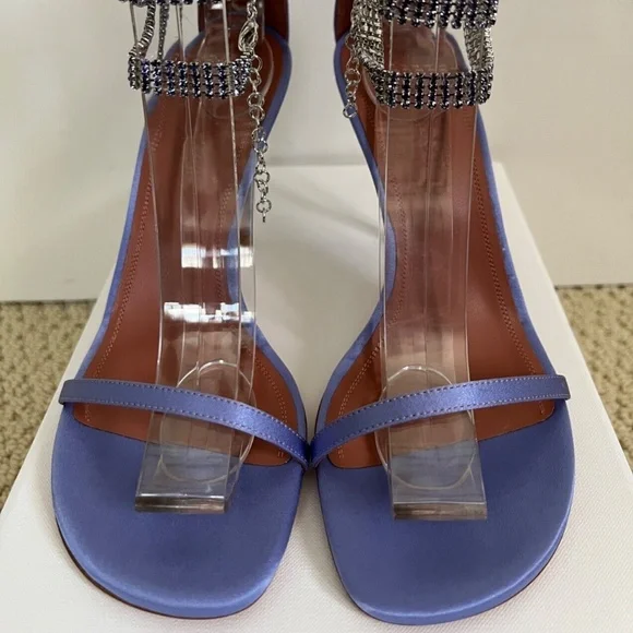 Amina Muaddi Giorgia Tanzanite Satin Crystal Ankle Wrap Sandals Pumps Heels - Picture 4 of 9
